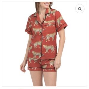 KATIE KIME Red Cotton Blend Cheetah Pajama Top And Shorts Set XXSmall NWT